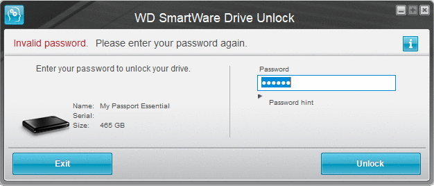 Nesprávné heslo při odemykání disku Western Digital